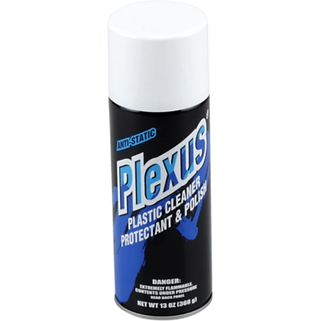 Plexus plastic and windshield cleaner and polish in a 7-ounce can showing the product label and spray nozzle.