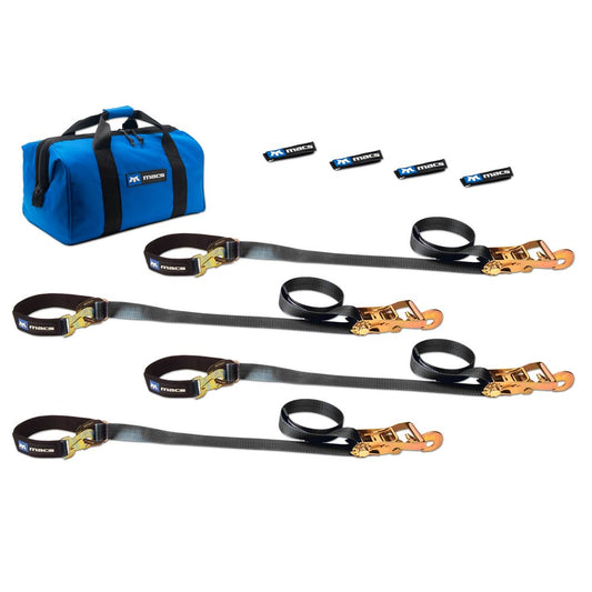 MAC's UTV trailer tie-down ratchet strap kit with towing equipment and tow hooks, designed for secure vehicle transport.