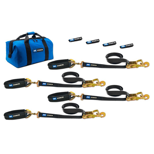 MAC's 2" x 8' Pro Ratchet Strap Kit with axle straps and hook ends for secure towing and tie-down applications.