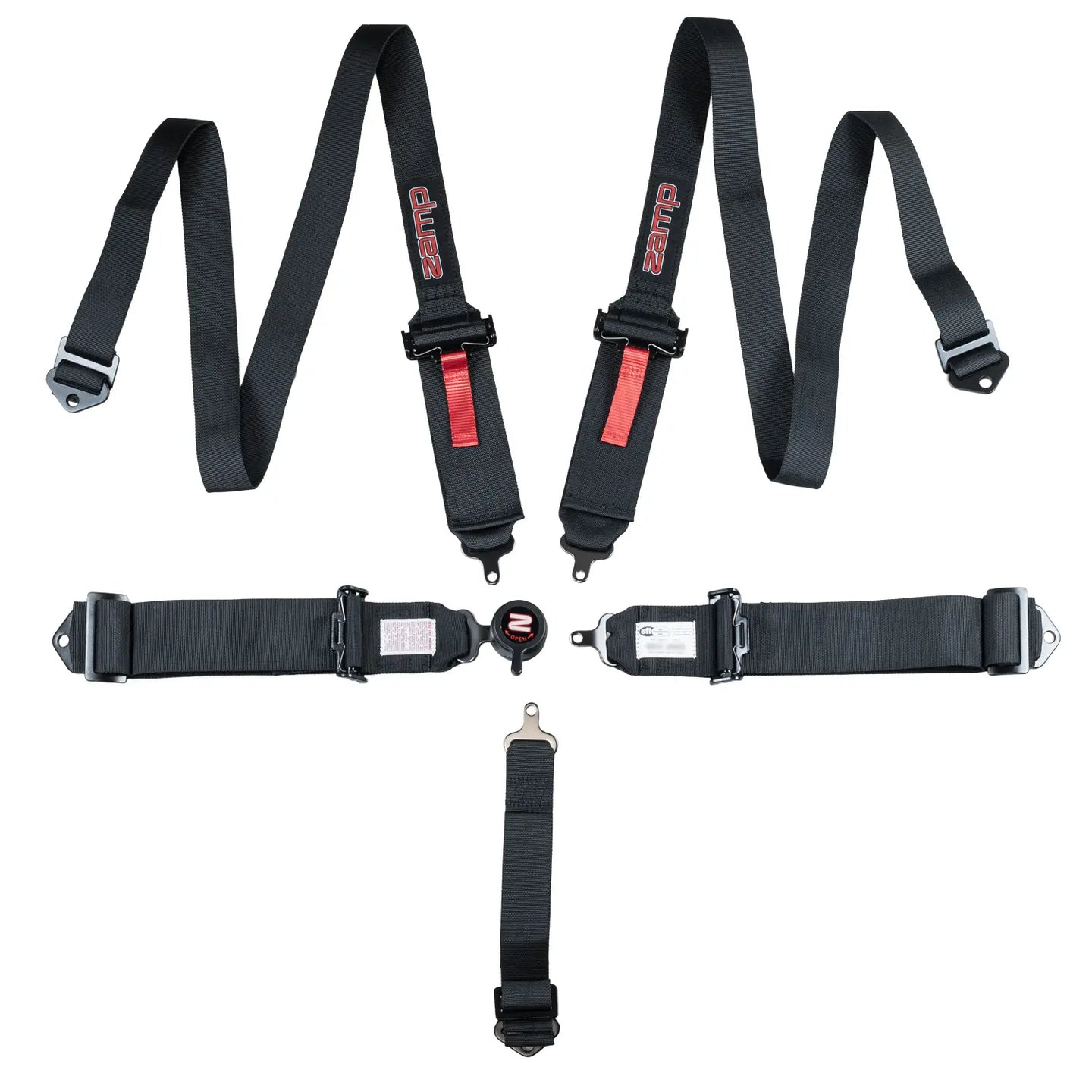 ZAMP UTV off-road race 5-point pull-down seat harness with SFI 3/2 rating, featuring durable straps and hardware for safety.