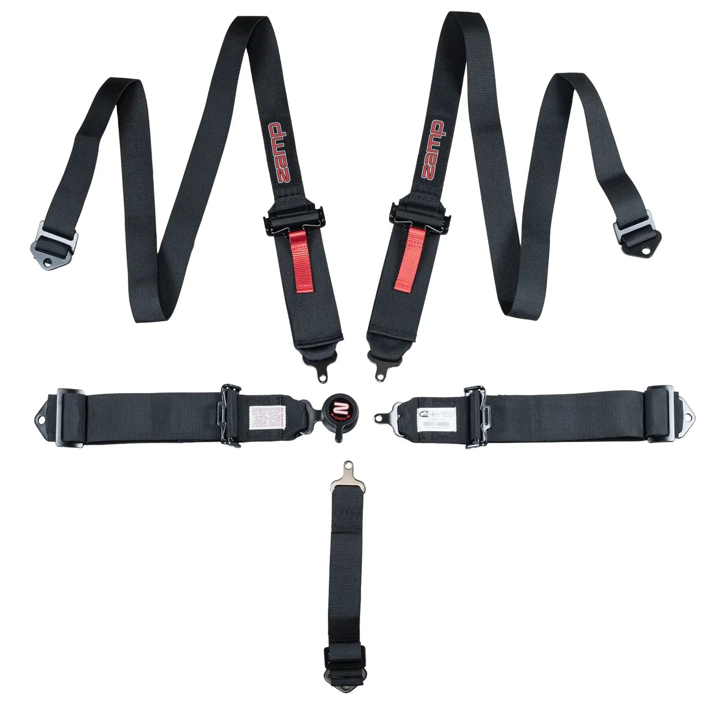 ZAMP UTV off-road race 5-point pull-down seat harness with SFI 3/2 rating, featuring durable straps and hardware for safety.