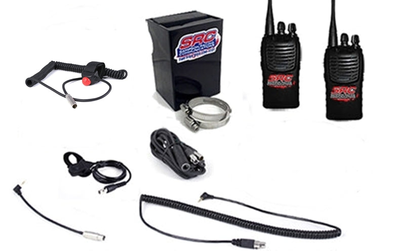 SRC Racing Radios SRC Circle Track Racing Radio System with 5 Watt analog package, featuring headphones and race communication components.