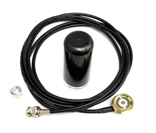 SRC Racing Radios Phantom Plus dual band VHF/UHF antenna with coax for racing communications, mounted on a vehicle.
