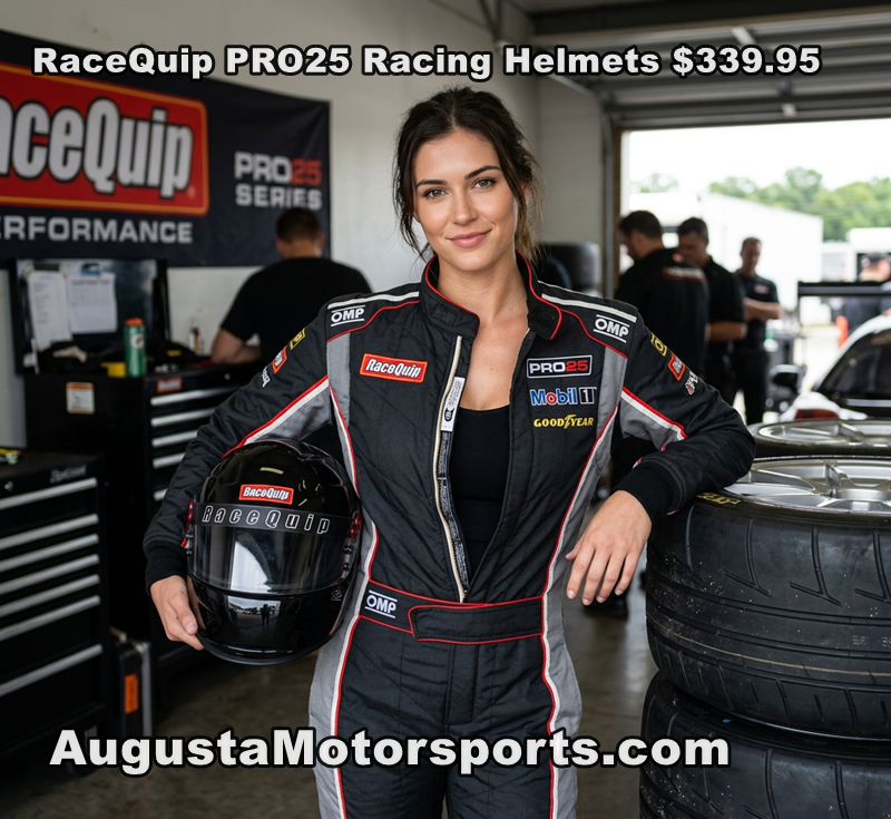 RaceQuip Pro25 racing full face helmet with SA2025 certification, featuring a sleek design and secure fit for motorsport safety.
