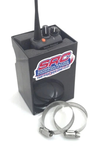 SRC Racing Radios radio box mounted on race car roll bar, used for mobile electronics and race radio communication.